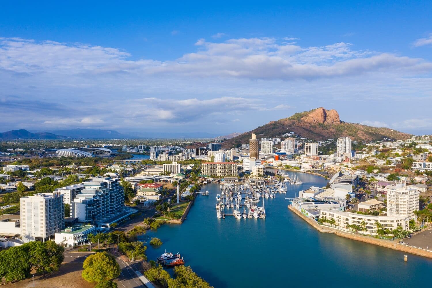 Aerial view of Townsville marina, city centre and Castle Hill