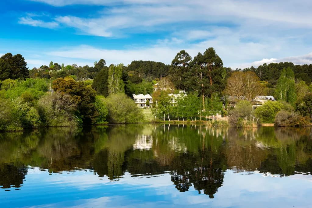 Houses nestled in trees by a reflective lake