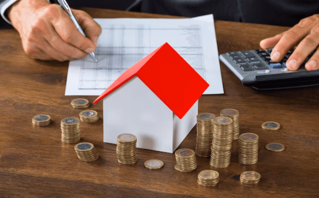 Model house, calculator, coins and a home buying checklist