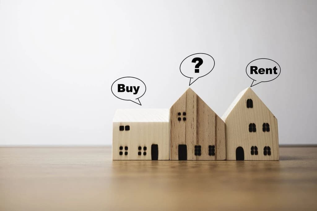 Wooden houses with "Buy", "?", and "Rent" speech bubbles.