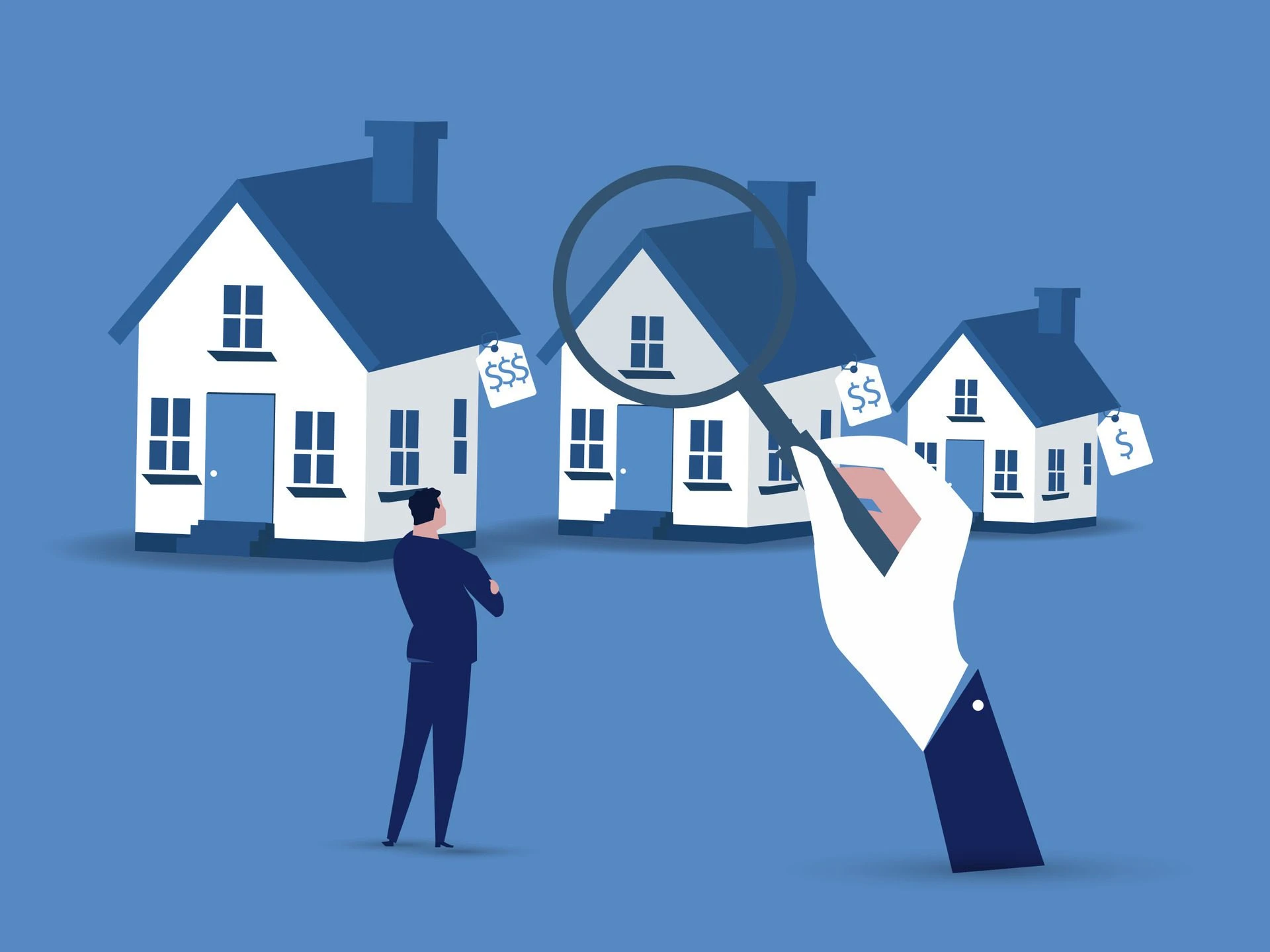 Property due diligence illustration with homes, price tags and a magnifying glass