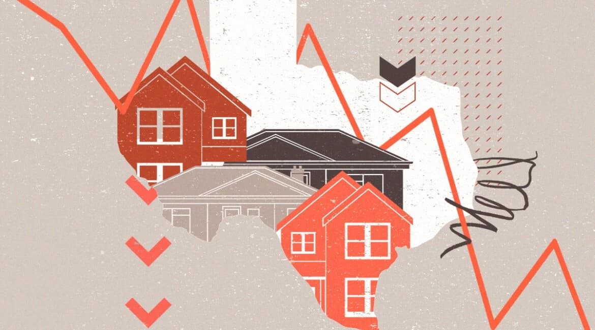 Falling housing market graph with houses