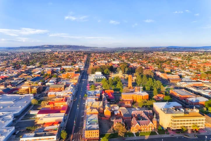 Aerial view along Bathurst main street and surrounding neighbourhoods