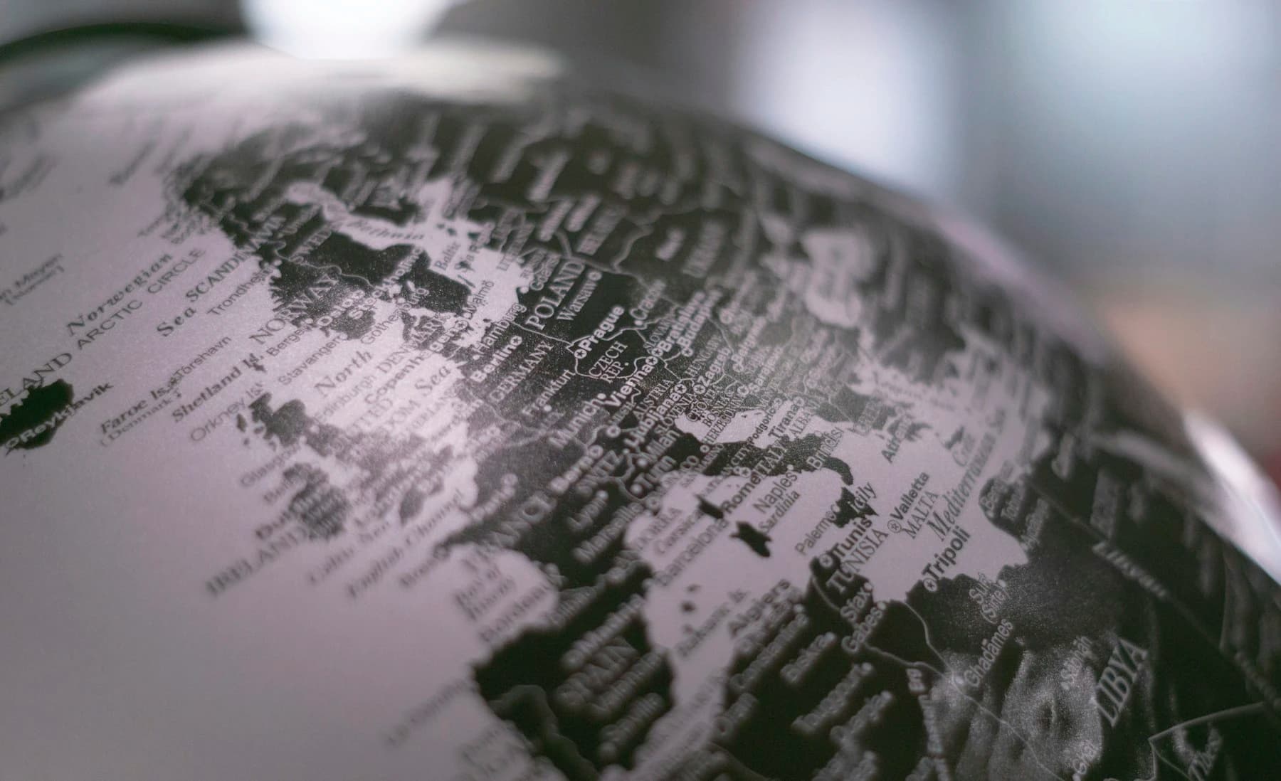 Close-up of a globe showing Europe and North Africa.