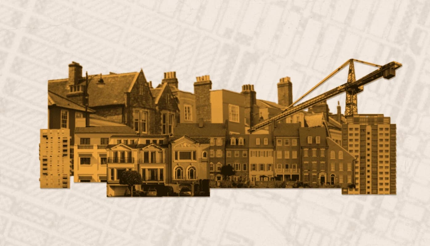 Collage of buildings and a construction crane.