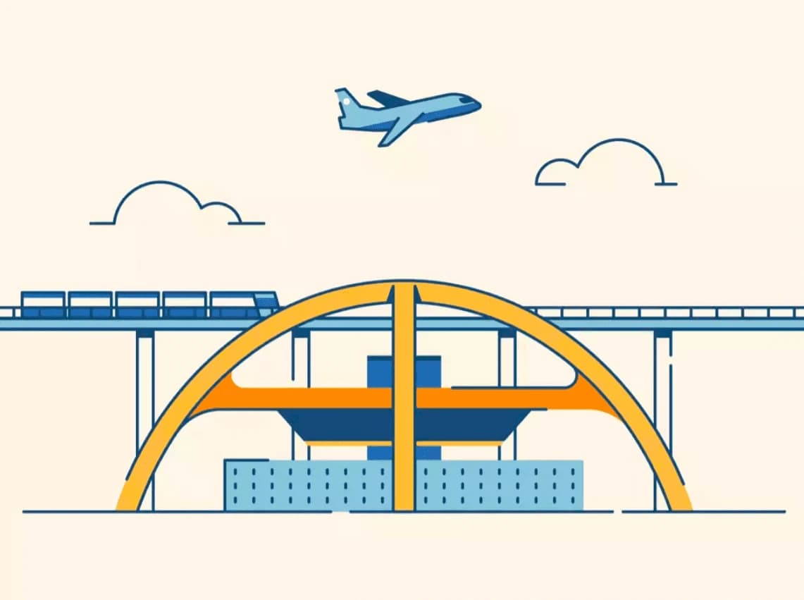 Airplane over bridge with train and clouds