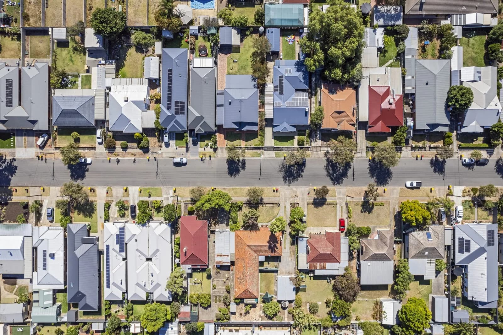 Aerial view of suburban houses and street.