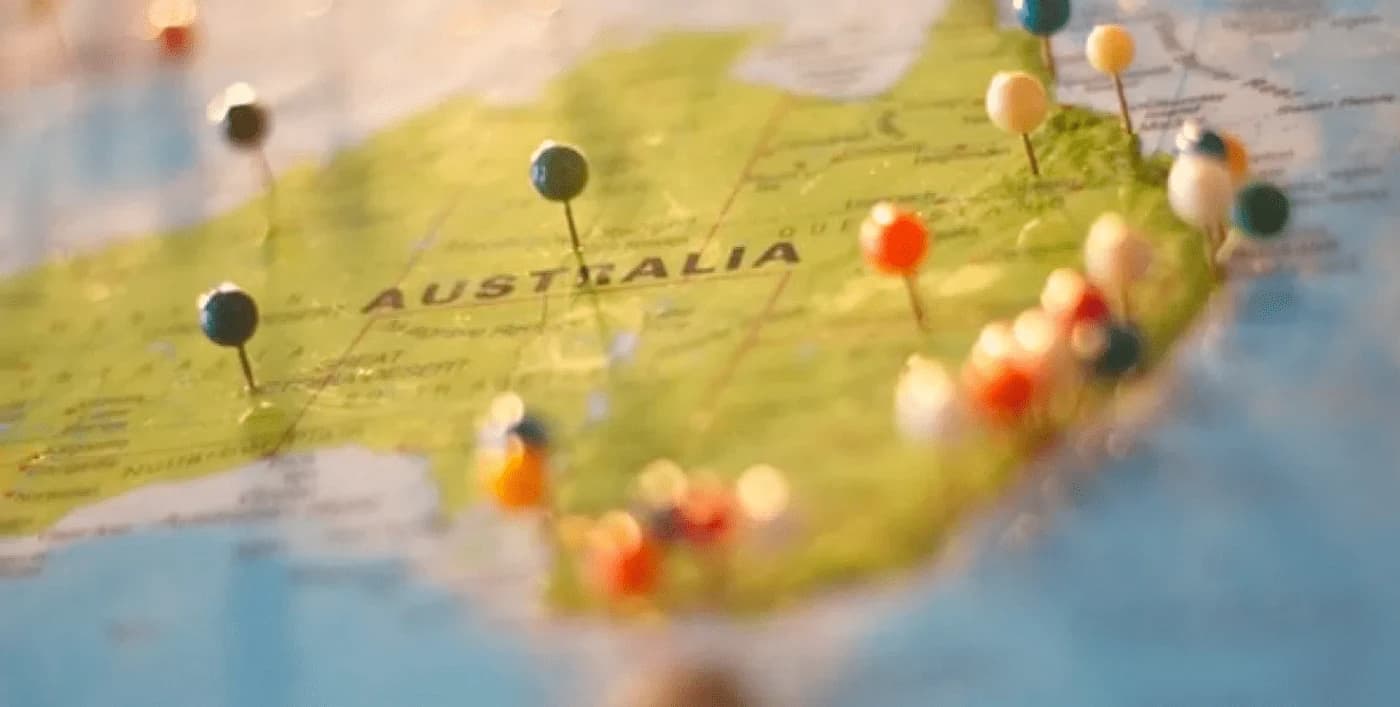 Map of Australia with pushpins marking locations.