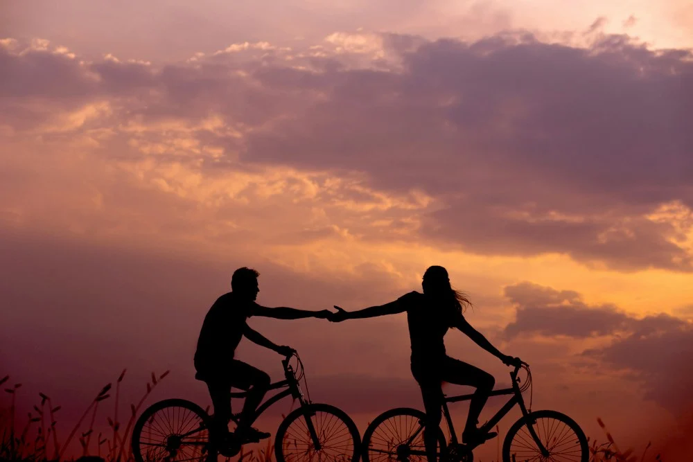 A couple on bicycles holding hands at sunset