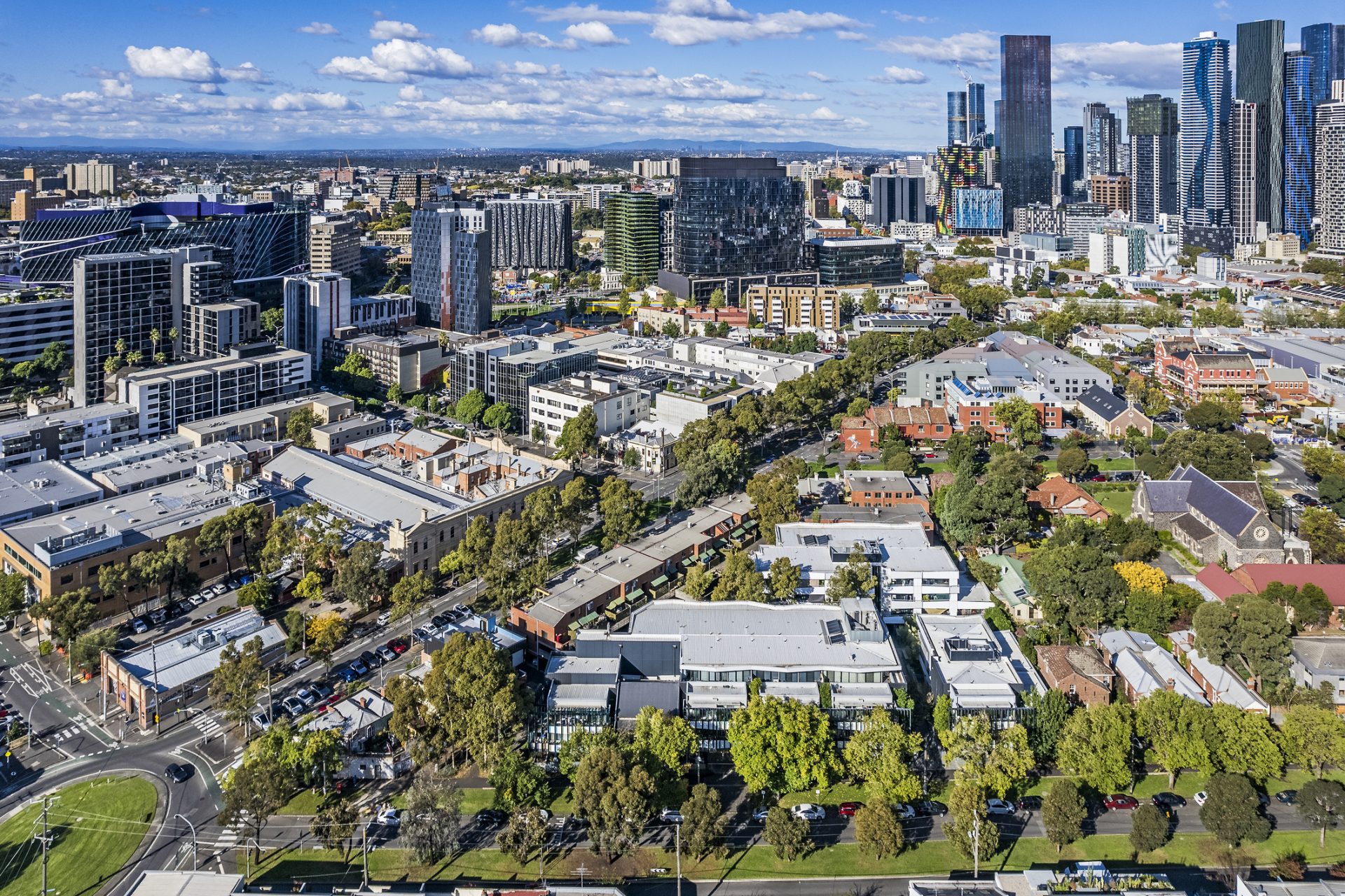 Not the usual cityscape view of Melbourne's skyscrapers: aerial view from North Melbourne Image of iStock 1488133329 scaled